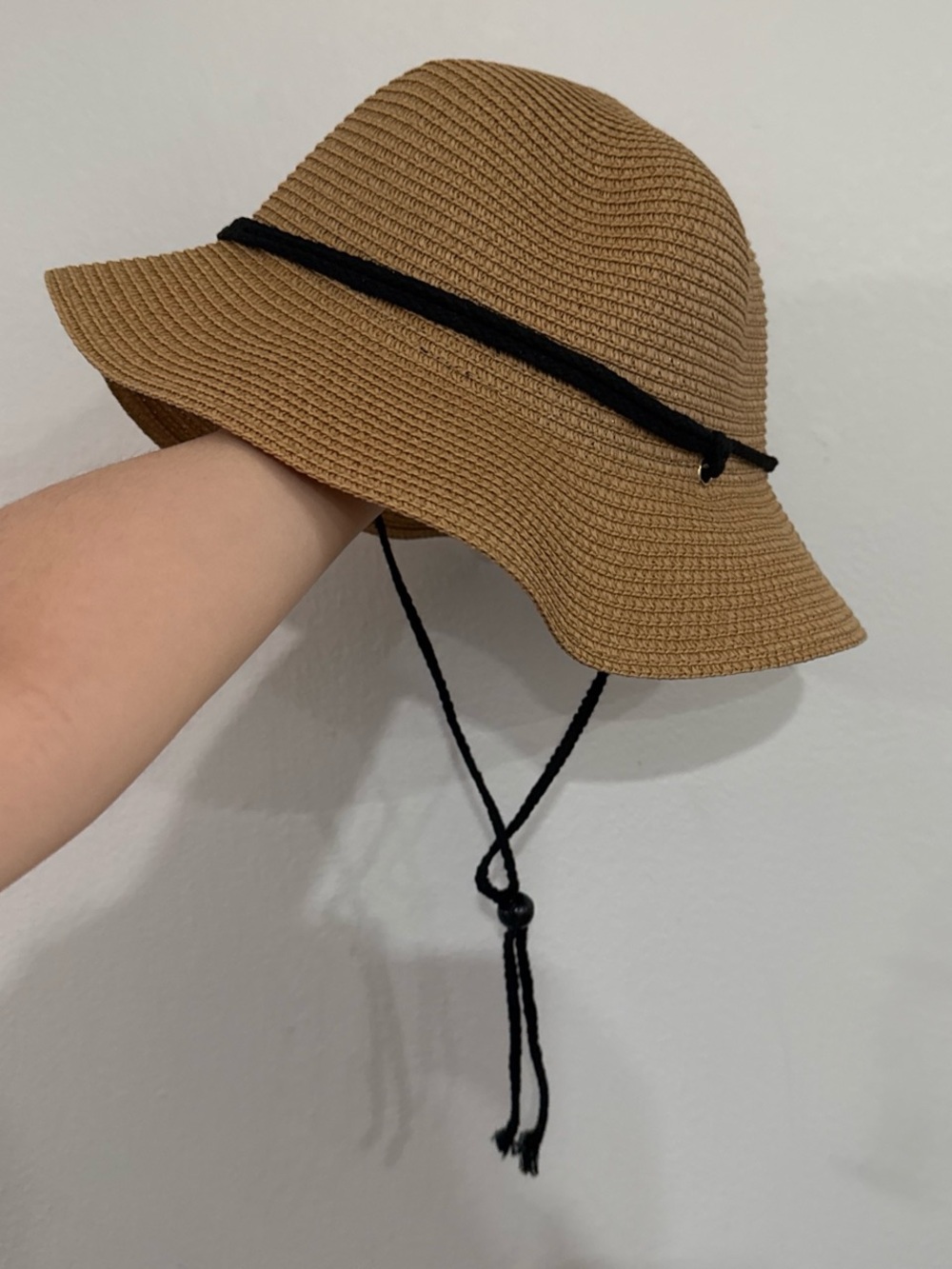 Tan Straw Sun Hat with Black Chin Cord